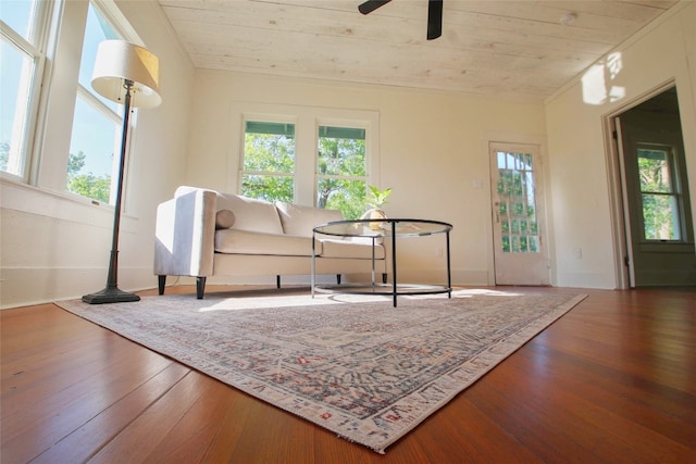 sitting room with hardwood / wood-style floors, wood ceiling, and ceiling fan