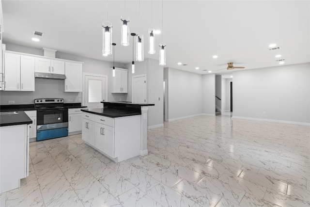 kitchen featuring stainless steel electric range, decorative light fixtures, a kitchen island, ceiling fan, and white cabinets