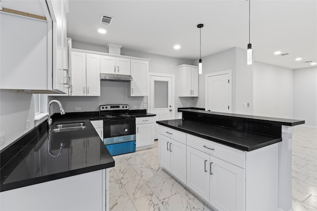 kitchen with stainless steel electric stove, white cabinetry, sink, pendant lighting, and a kitchen island