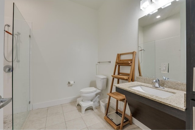 bathroom featuring vanity, walk in shower, tile patterned flooring, and toilet