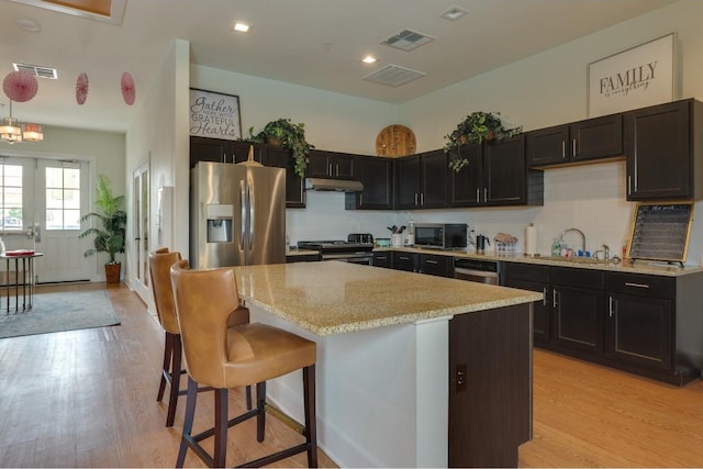 kitchen featuring backsplash, a breakfast bar area, appliances with stainless steel finishes, and light wood-type flooring