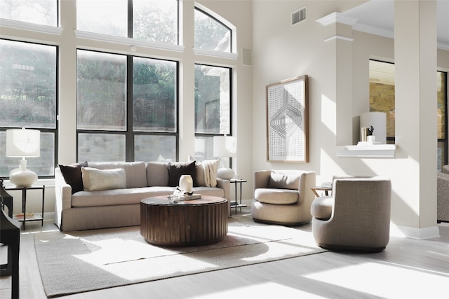 interior space with ornamental molding, a high ceiling, and hardwood / wood-style flooring