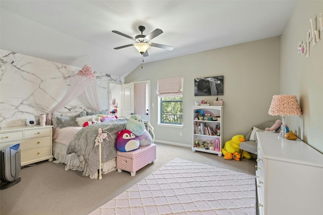 bedroom with light carpet, ceiling fan, and lofted ceiling