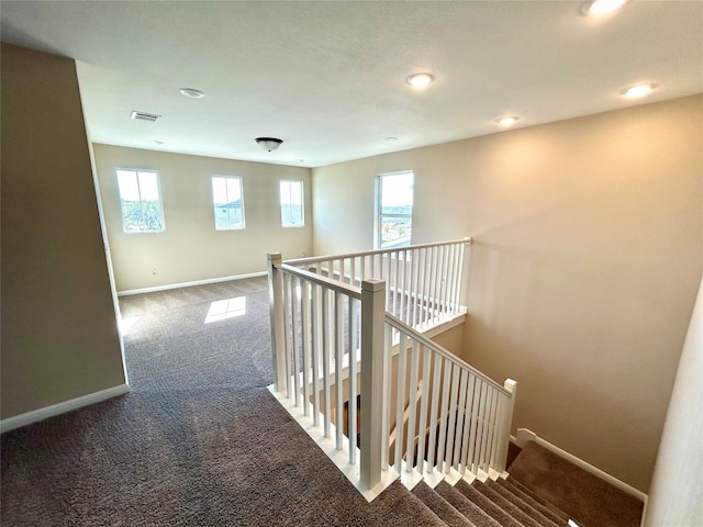 corridor with a healthy amount of sunlight and carpet flooring