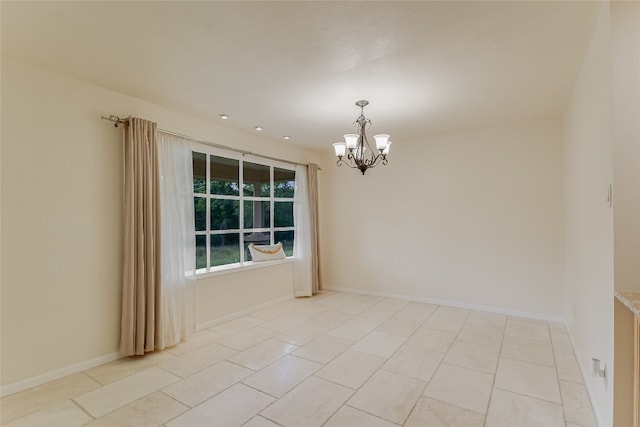 unfurnished room featuring light tile patterned floors and an inviting chandelier