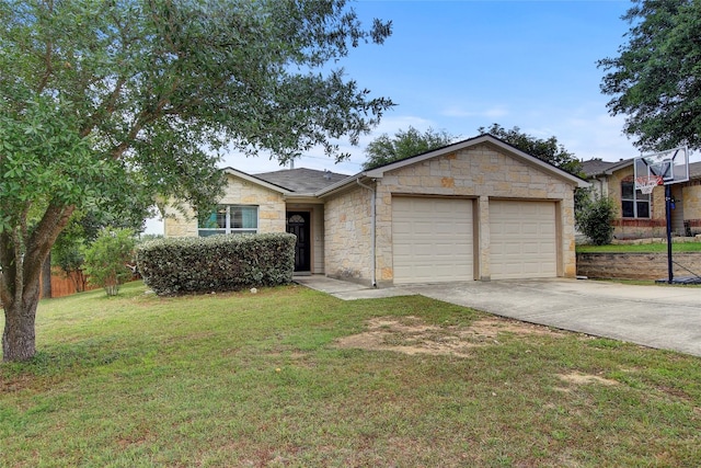 ranch-style home featuring a garage and a front yard