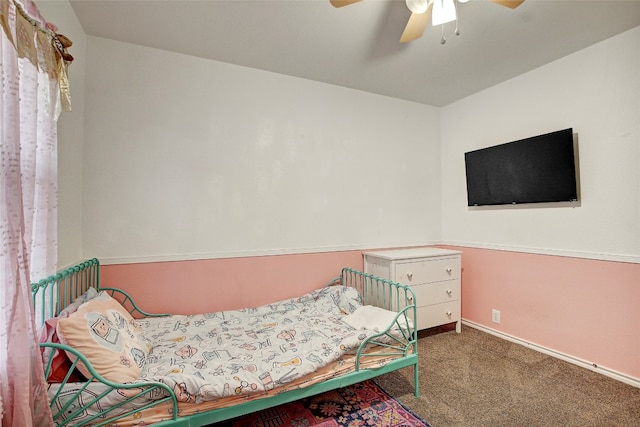 bedroom featuring ceiling fan and carpet floors