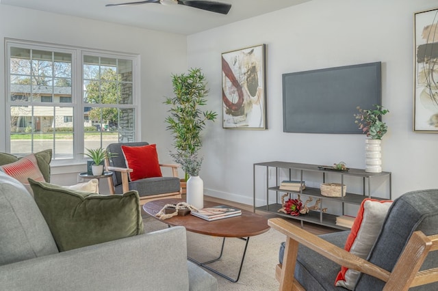 living room with wood-type flooring and ceiling fan