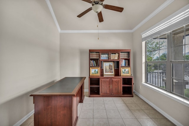 unfurnished office featuring ceiling fan, light tile flooring, and ornamental molding