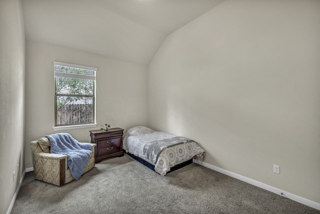 bedroom featuring carpet flooring and vaulted ceiling