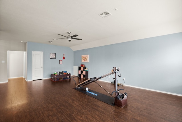 exercise area with ceiling fan and dark hardwood / wood-style floors