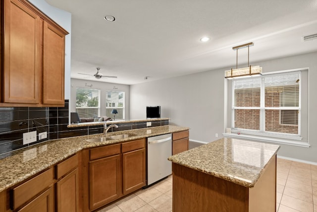 kitchen featuring ceiling fan, a kitchen island, sink, tasteful backsplash, and stainless steel dishwasher