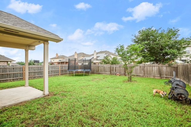 view of yard with a trampoline and a patio area