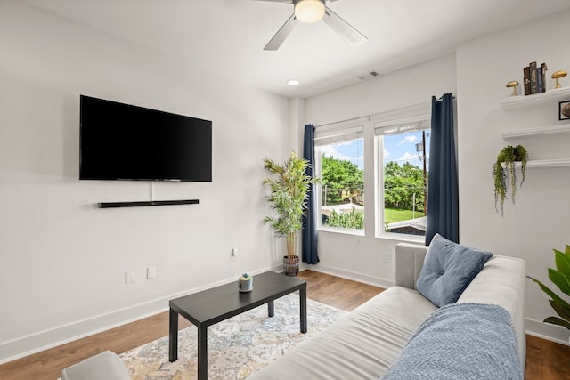 living room featuring ceiling fan and wood-type flooring