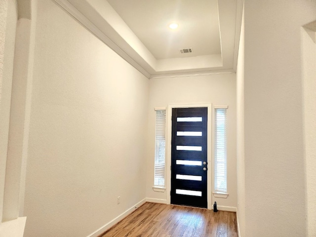 entrance foyer with hardwood / wood-style floors and a tray ceiling