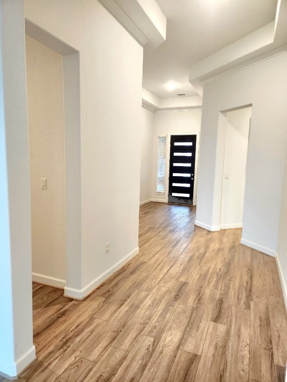 spare room with light hardwood / wood-style floors and a tray ceiling