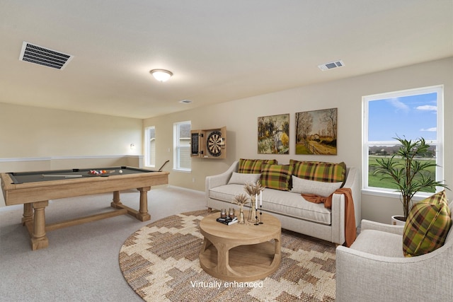 recreation room with a healthy amount of sunlight, light colored carpet, and billiards