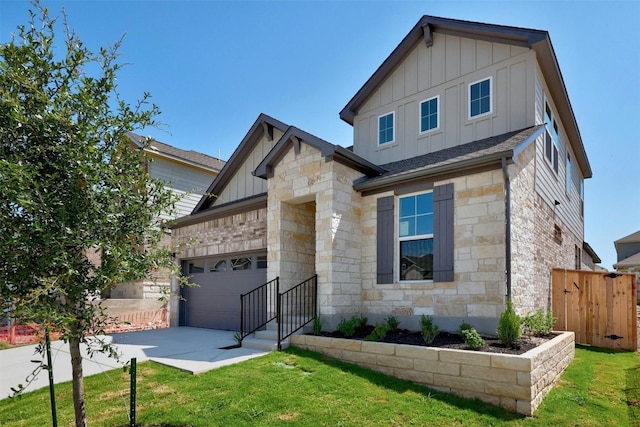 view of front of property with board and batten siding, concrete driveway, stone siding, and a garage