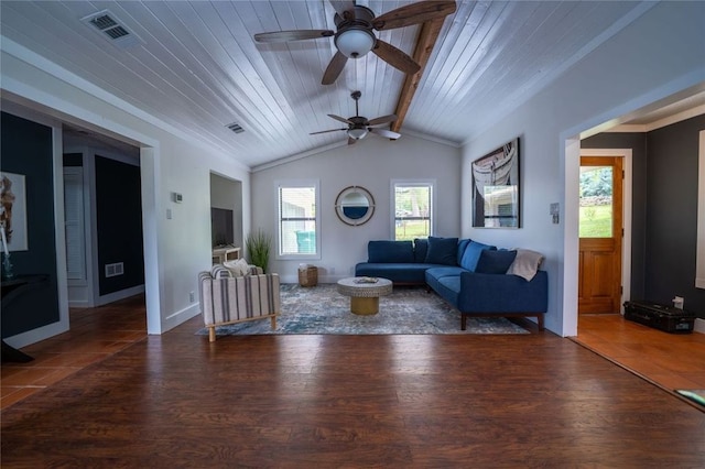 tiled living room with crown molding, vaulted ceiling with beams, wood ceiling, and ceiling fan