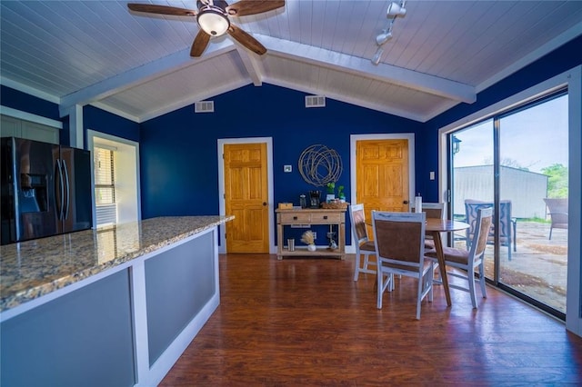 dining area with wood-type flooring, wood ceiling, rail lighting, and ceiling fan