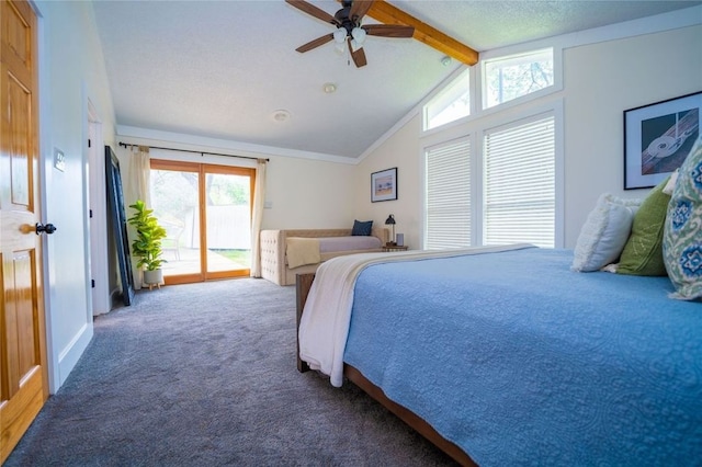 bedroom featuring vaulted ceiling with beams, access to exterior, carpet floors, and ceiling fan