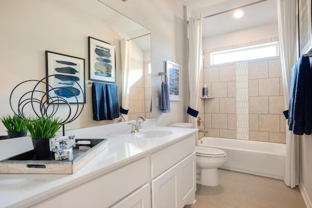 full bathroom with vanity, toilet, and shower / bathtub combination with curtain