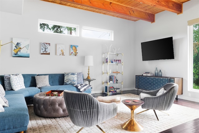 living room with beamed ceiling, wood-type flooring, a wealth of natural light, and wood ceiling