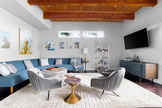 living room featuring beamed ceiling, wooden ceiling, and dark wood-type flooring