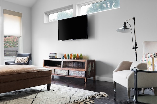 living room featuring a high ceiling and hardwood / wood-style flooring