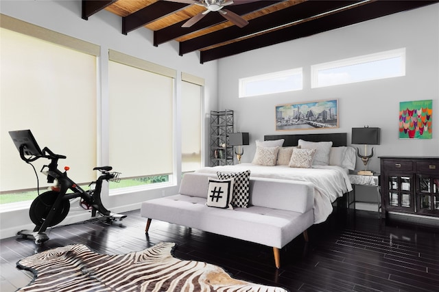 bedroom featuring beamed ceiling, wooden ceiling, wood-type flooring, and ceiling fan