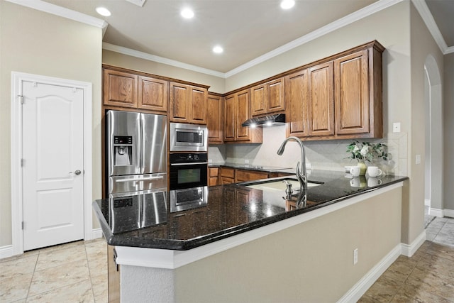 kitchen with dark stone counters, sink, tasteful backsplash, kitchen peninsula, and stainless steel appliances