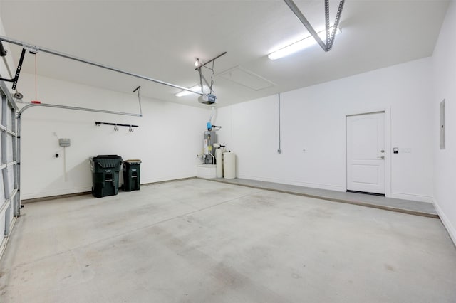 garage with electric panel, water heater, and a garage door opener