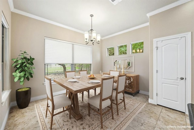 tiled dining area with a notable chandelier and crown molding