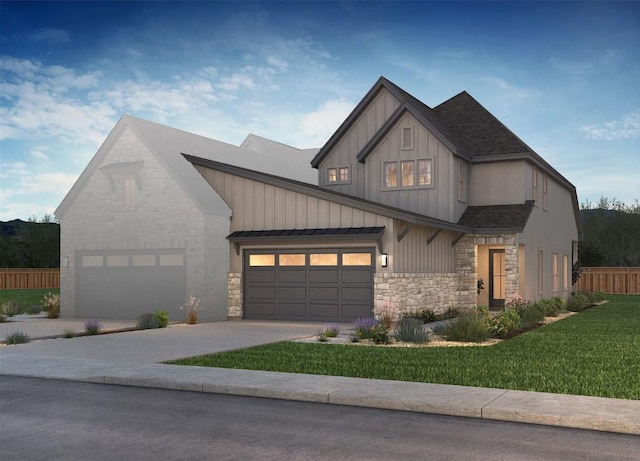 226 Flora Springs Cv, Liberty Hill, TX 78642 - view of front of house with board and batten siding, stone siding, driveway, an attached garage, and a standing seam roof