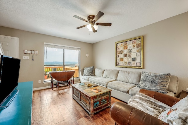 living room with wood-type flooring, ceiling fan, and a textured ceiling