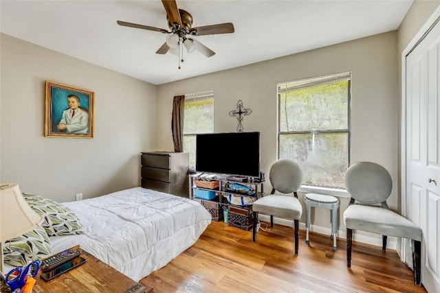 21461 Coyote Trl Unit 6, Lago Vista, TX 78645 - bedroom with wood finished floors, a closet, and ceiling fan