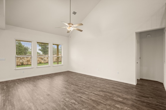 unfurnished room featuring high vaulted ceiling, ceiling fan, and dark wood-type flooring