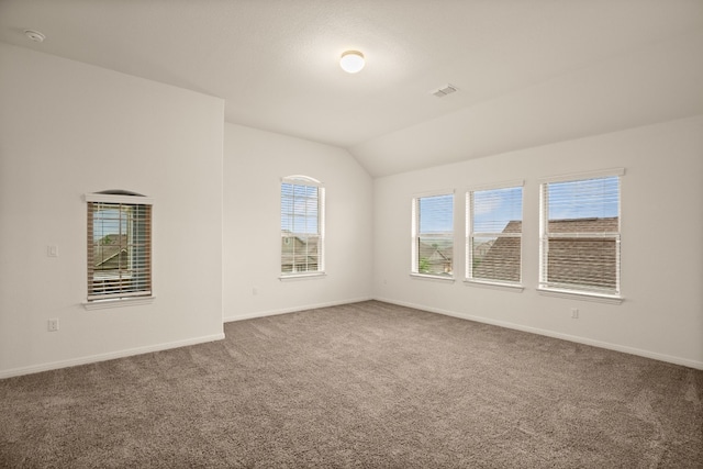 carpeted spare room with plenty of natural light and vaulted ceiling