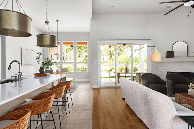 interior space featuring light wood-type flooring, plenty of natural light, a fireplace, and visible vents