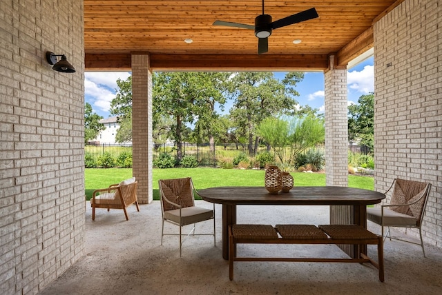 view of patio / terrace with ceiling fan, a fenced backyard, and outdoor dining space