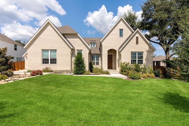 view of front of house with brick siding, a front yard, and fence