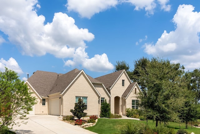 view of front of property featuring an attached garage, brick siding, driveway, and a front lawn