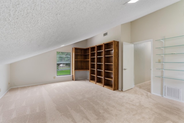 additional living space with light carpet, a textured ceiling, and lofted ceiling