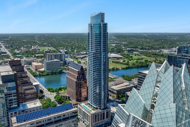 birds eye view of property featuring a water view