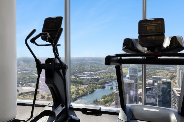 workout room with a water view and a healthy amount of sunlight