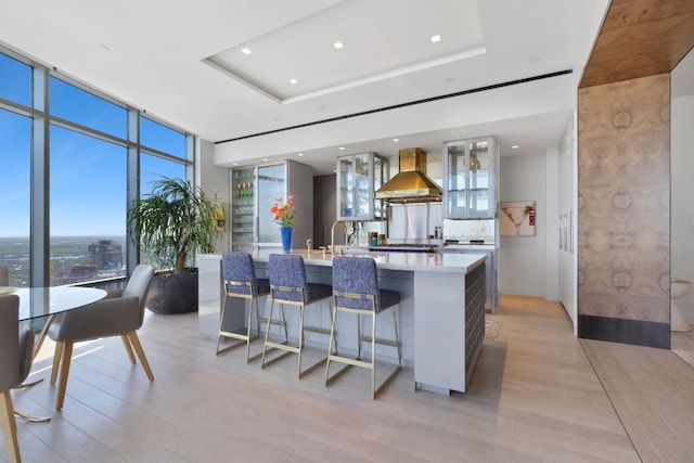 kitchen with a kitchen island with sink, wall chimney exhaust hood, light hardwood / wood-style floors, and a wealth of natural light