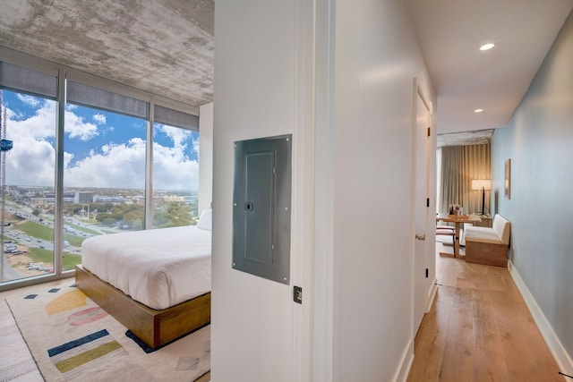 bedroom featuring light hardwood / wood-style floors, multiple windows, electric panel, and floor to ceiling windows