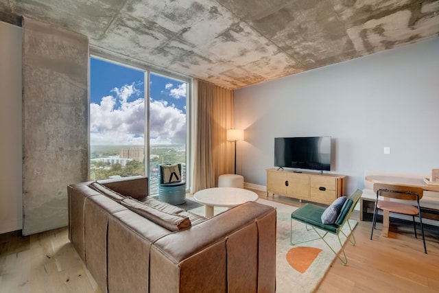 living room with expansive windows and light wood-type flooring