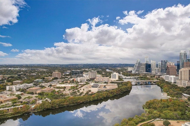 drone / aerial view with a water view