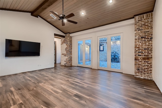 unfurnished living room with lofted ceiling with beams, ceiling fan, and dark wood-type flooring